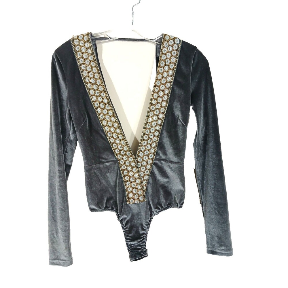 Missguided Womens US 4 Gray Plunge Sequin Bodysuit Long Sleeve Velvet